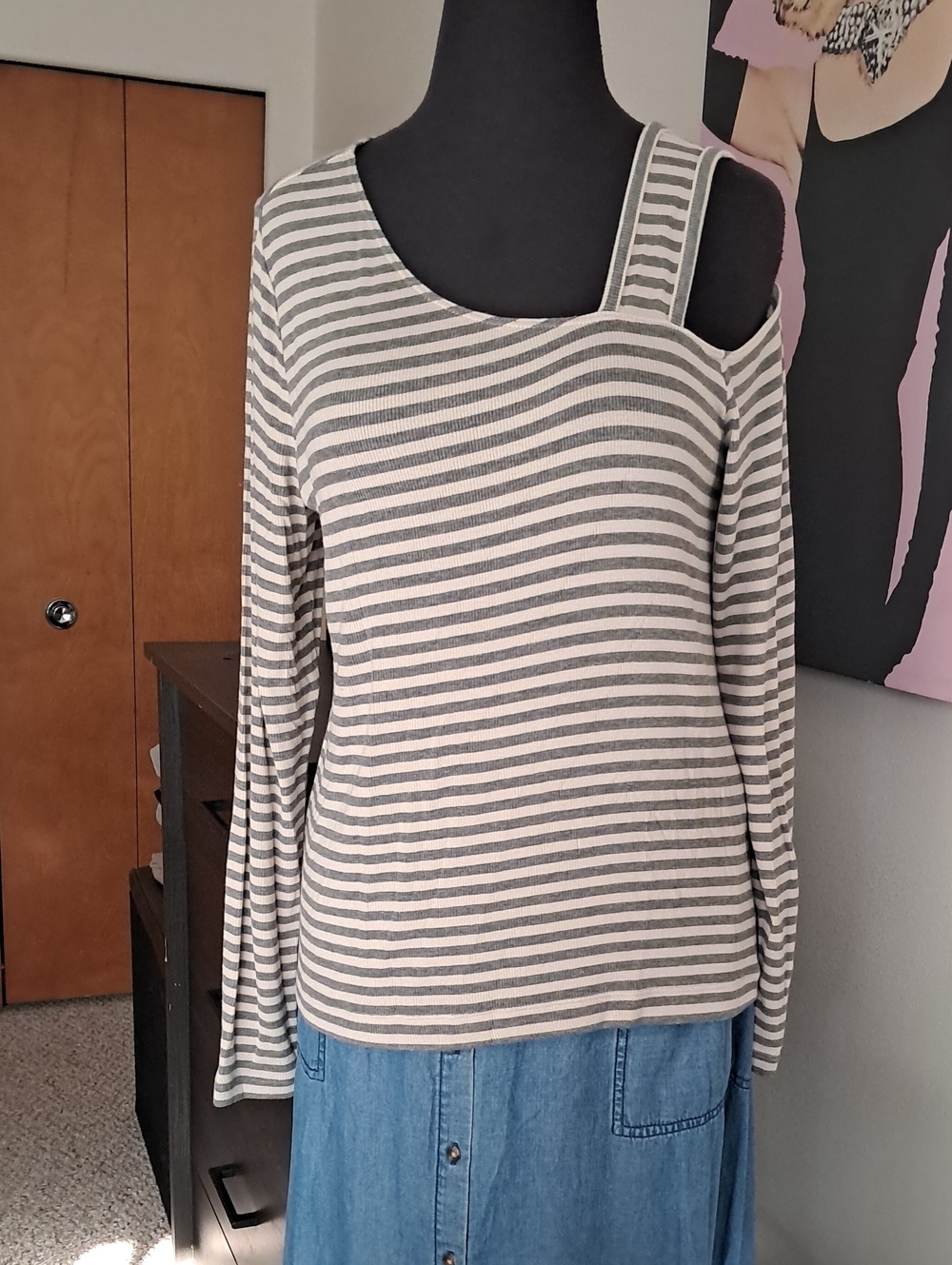 CAbi Striped Asymmetric One-Shoulder Long Sleeve Top in Gray and Cream